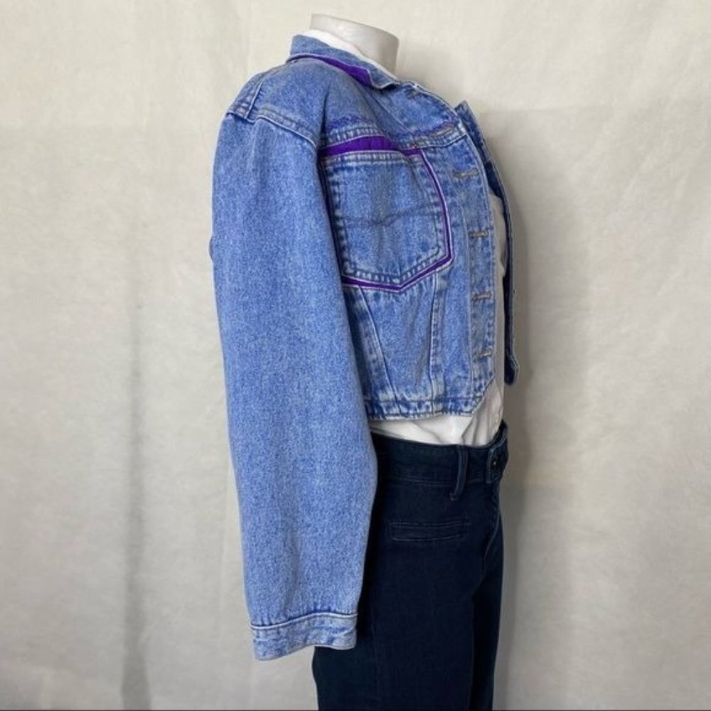 Vintage Ethics Jean Jacket Embroidered Cropped Pearl Button  Purple Details S - Picture 5 of 12